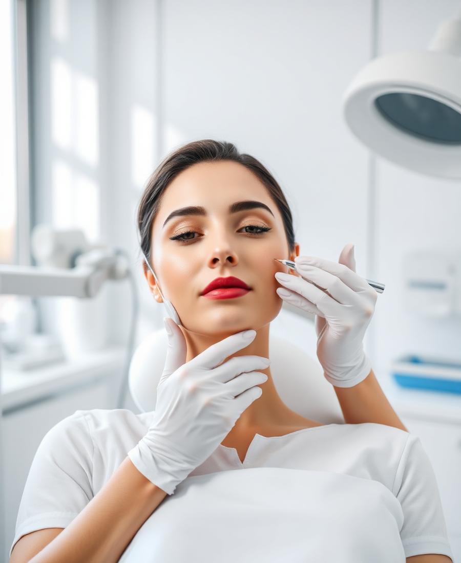 Profissional de estética realizando um procedimento facial em clínica moderna