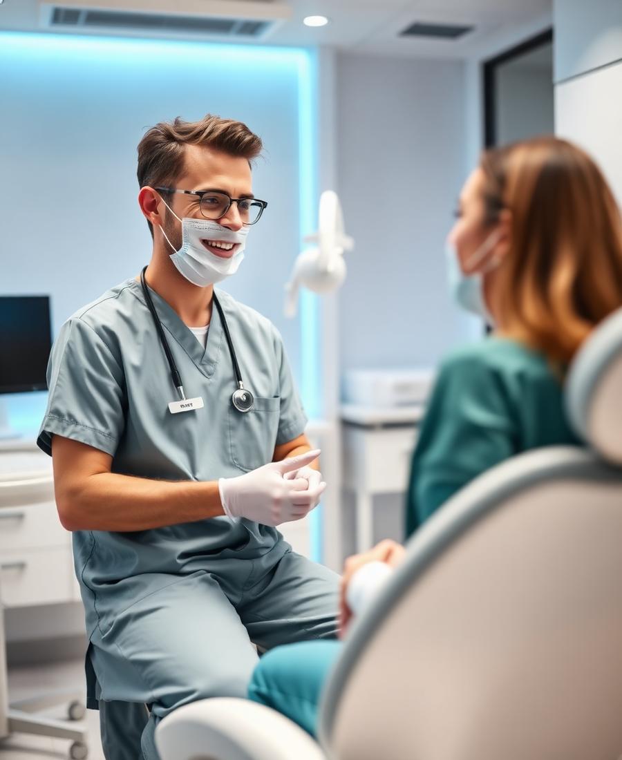 Dentista conversando com paciente em consultório odontológico moderno