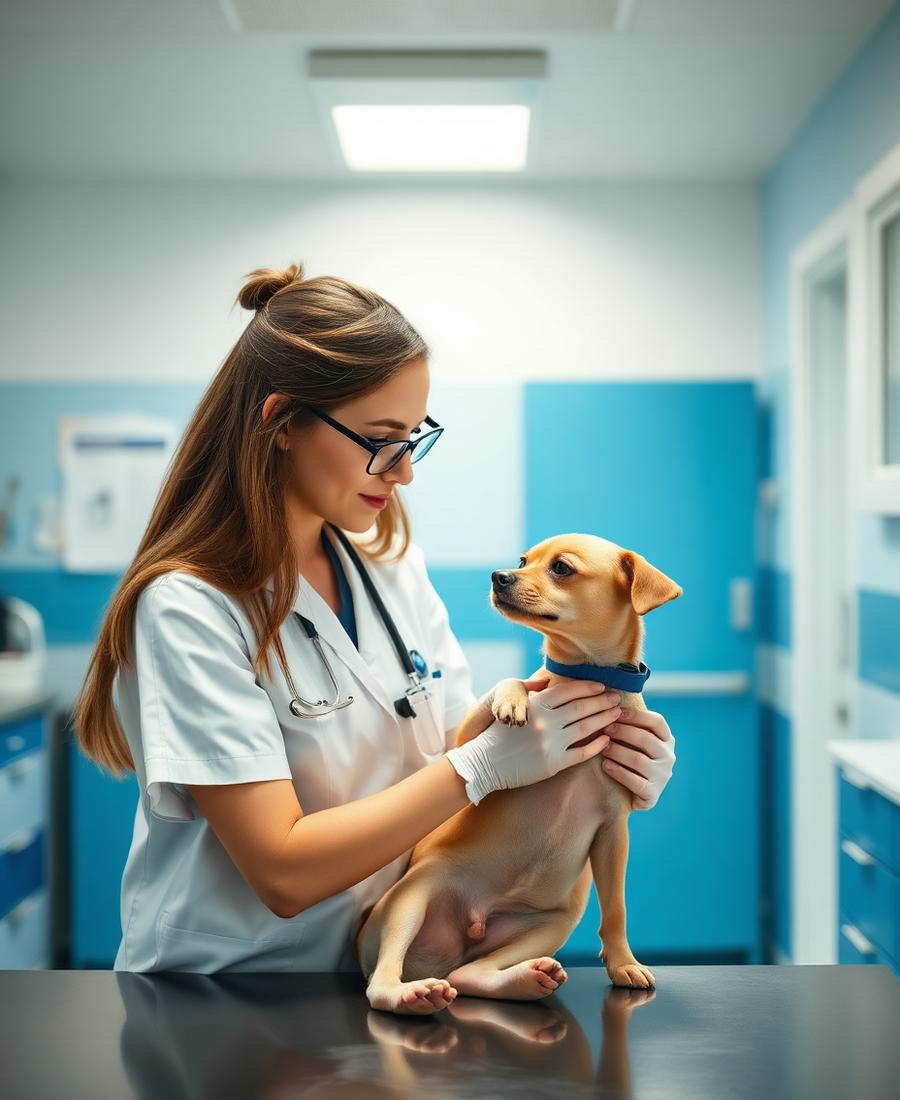 Veterinária examinando um cão em clínica veterinária moderna